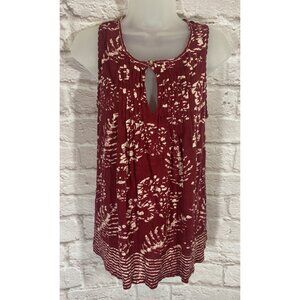NEW Lucky Brand Tunic Tank Top Small Linen Blend Red Leaves Keyhole Neckline